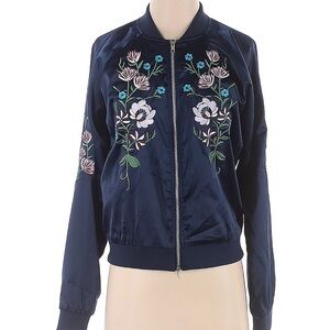 Aqua Navy Floral Embroidered Satin Bomber Jacket